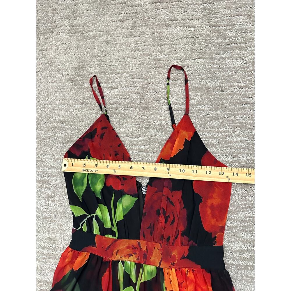 Bebe Romper Maxi Dress Womens 0 Red Black Floral Deep V Neck Slits - Picture 8 of 15